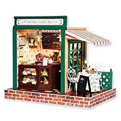 Spilay DIY Miniature Dollhouse Wooden Furniture Kit,Handmade Mini Home Model with Dust Cover & Music Box ,1:24 Scale Creative Doll House Toys for Children Gift(The Star Coffee Bar) Z05