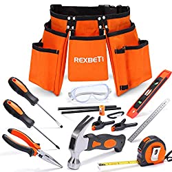 REXBETI 15pcs Young Builder's Tool Set with Real Hand Tools, Reinforced Kids Tool Belt, Waist 20"-32", Kids Learning Tool Kit for Home DIY and Woodworking
