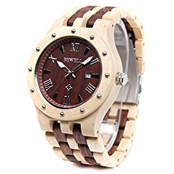 Bewell W109A Natural Wood Watches for Men Quartz Date Lumious Pointers (Maple and Red Sandalwood)