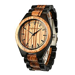Wooden Watches for Men, shifenmei Wooden Watches Natural Handmade Analog Quartz Japanese Movement and Battery Adjustable Wood Strap Lightweight Wood Watches with Exquisite Box (Zebra Ebony Wood)