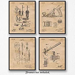 Vintage Woodworking Tools Patent Poster Prints, Set of 4 (8x10) Unframed Photos, Wall Art Decor Gifts Under 20 for Home, Office, Garage, Man Cave, Carpenter, College Student, Teacher, Handmade Fan