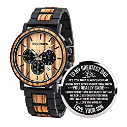 BOBO BIRD Mens Personalized Engraved Wooden Watches, Stylish Wood & Stainless Steel Combined Quartz Casual Wristwatches for Men Family Friends Customized Watch (A-for Dad from Son)
