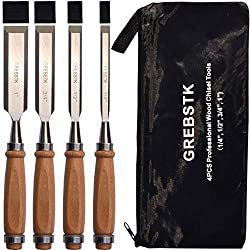 GREBSTK Professional Wood Chisel Tool Sets Sturdy Beech Wood Handles and Chrome Vanadium Stainless Steel Woodworking Tools with Zippered Bag for Carving Knifes/Chisel Kit, 4PCS, 1/4",1/2",3/4",1"