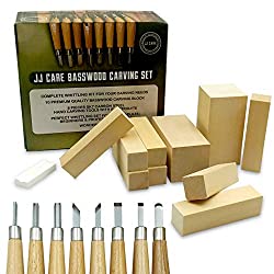 Wood Carving Kit (Premium) Wood Whittling Tools, 8 Piece Wood Carving Set & 10 Wood Blocks for Kids and Adults, Wood carving tools, Basswood Carving Kit, SK7 Carbon Steel Tools with wooden handle