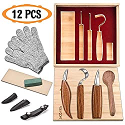 12pcs Wood Carving Tools Set-WAYCOM Hook Carving Knife,Detail Wood Knife,Whittling Knife Cut Resistant Gloves Leather Sheath And Bamboo Gift Box For Spoon,Bowl,Cup Or General Woodwork