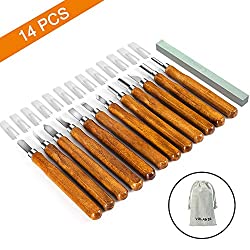 14 PCS Wood Carving Tools, SK2 Carbon Steel Sculpting Knife Kit , For Kids & Beginners with Storage Canvas bag&Millstone