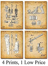 Original Woodworking Tools Patent Prints - Set of Four Photos (8x10) Unframed - Makes a Great Gift Under $20 for Carpenters and Woodworkers