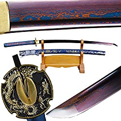 YJ COOL Folded Steel Sword Blue & Red Blade Samurai Katana Sharp Full Tang Real