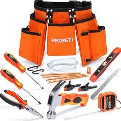 REXBETI 18pcs Young Builder's Tool Set with Real Hand Tools, Reinforced Kids Tool Belt, Waist 20"-32", Kids Learning Tool Kit for Home DIY and Woodworking